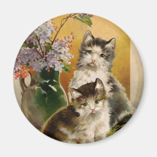 Íman Animais Antigos, Gatos Vitorianos Fofos e Flores
