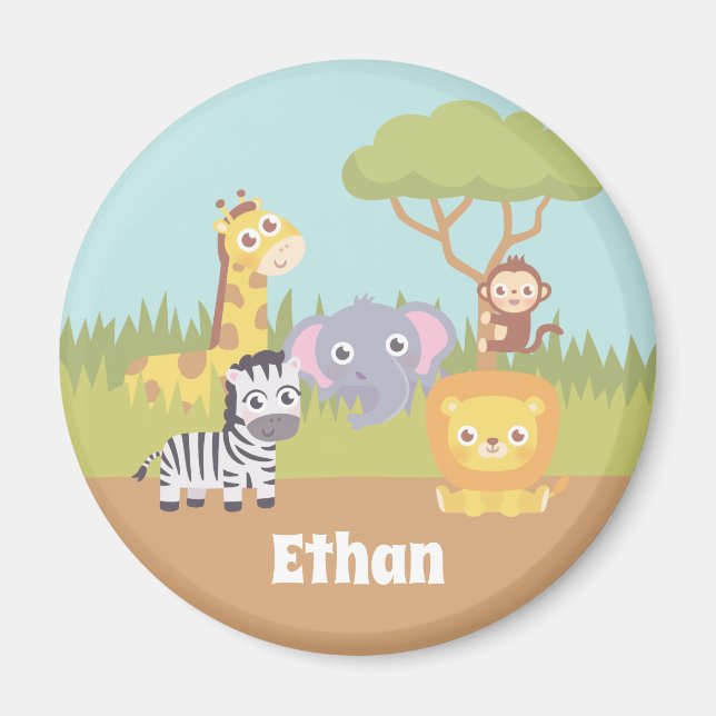Íman Animais Fofos da Savana Leão Girafa Zebra Macaco (Frente)