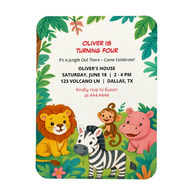 Íman Animais Safari Convite de Aniversário Boas Flexíve (Vertical)