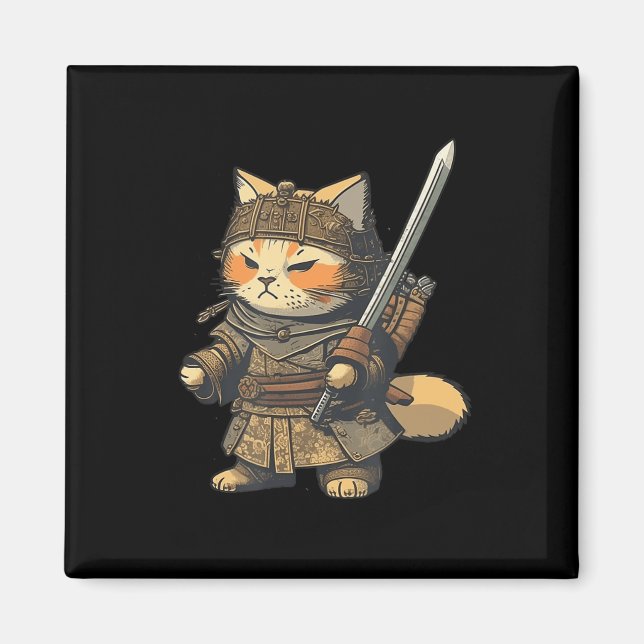 Íman Anime de Gato Samurai do Estilo Japonês Kawaii (Frente)