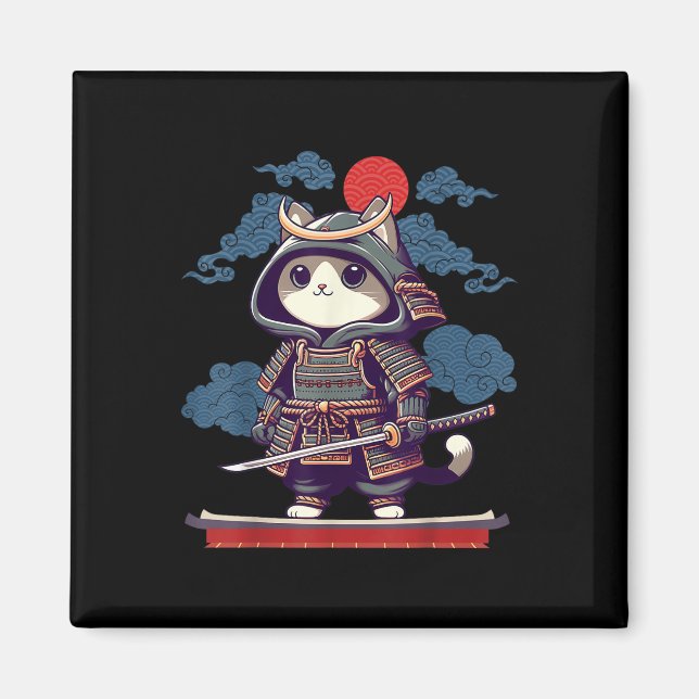 Íman Anime Gato Samurai Japonês Tattoo Kawaii Ninja (Frente)