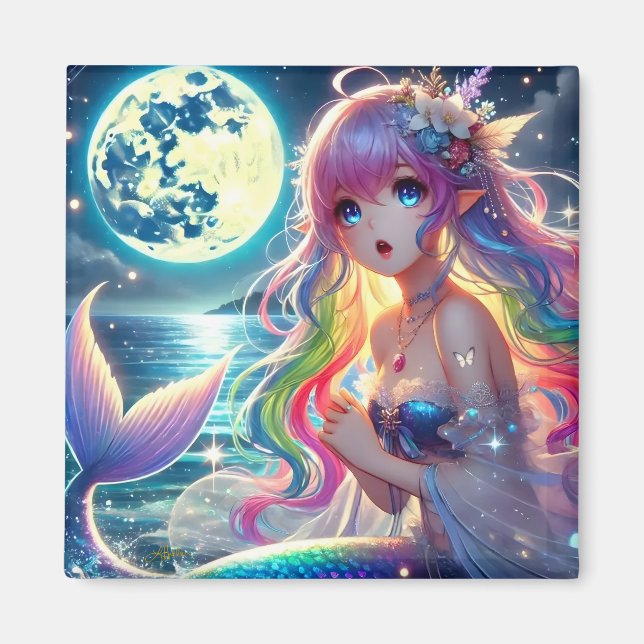 Íman Anime Girl Singing Moonlight Pixie Rainbow Mermaid (Frente)