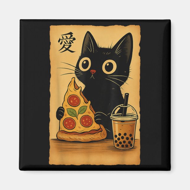 Íman Anime Kawaii Japonês Cat Zza A Tea Cat Comendo Zza (Frente)