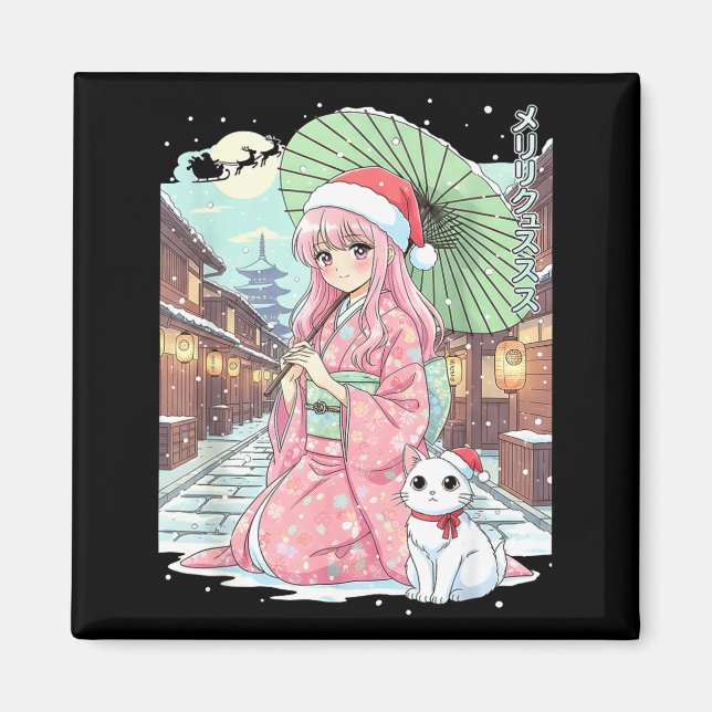Íman Anime Kimono Girl Christmas Japan Cat Xmas Japan A (Frente)