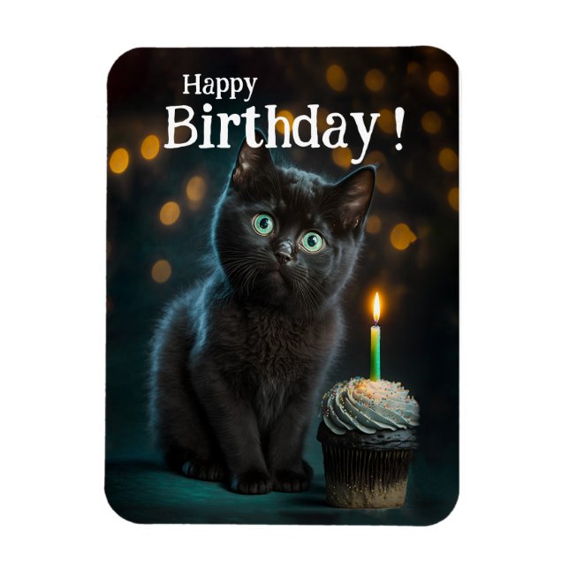 Íman Aniversário Adorável de Kitten Preto, Personalizáv (Vertical)