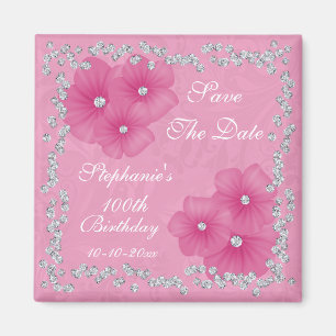 Íman Aniversário de 100 anos Pink Damask & Flores