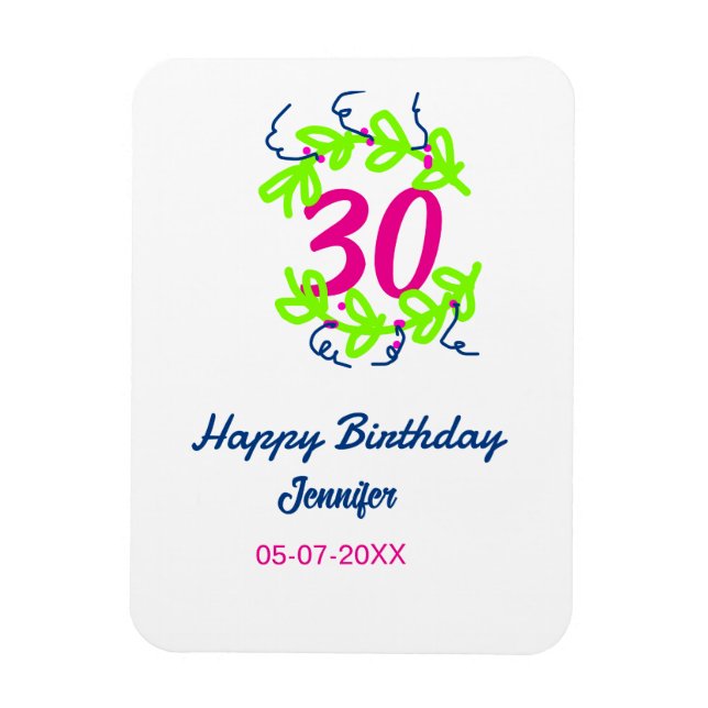 Íman aniversário de 30 anos verde azul wreath name date (Vertical)