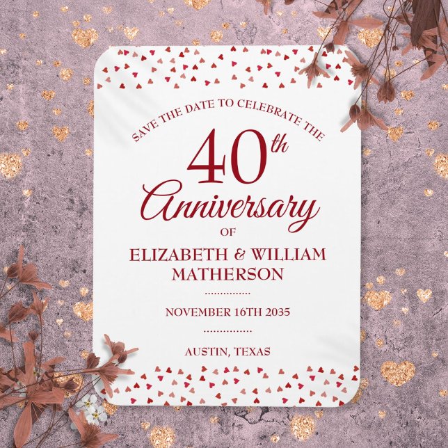 Íman Aniversário de 40 Anos de Casamento Ruby Hearts Sa (40th Wedding Anniversary Ruby Hearts Save the Date Magnet)