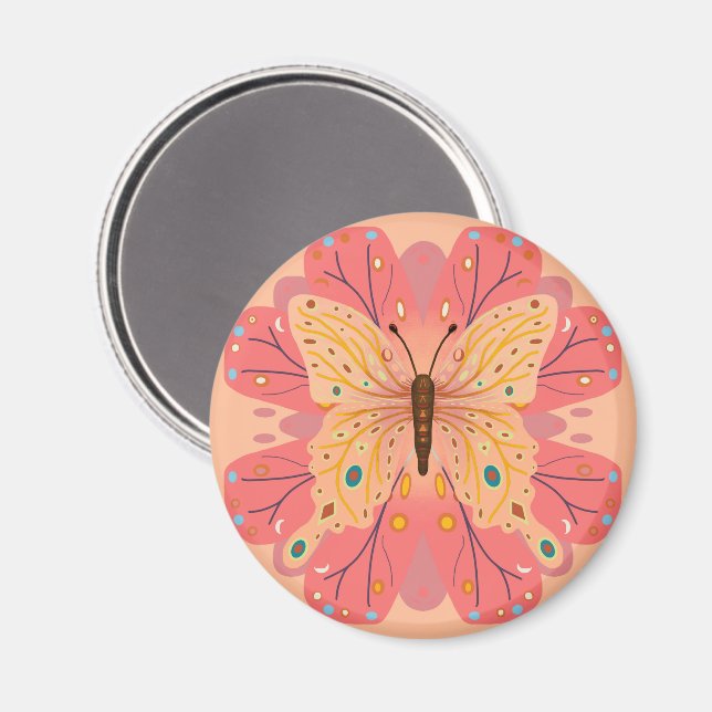 Íman Aniversário de Borboleta Rosa e Pêssego (Front/Back)