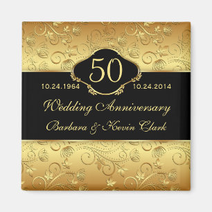 Íman Aniversário de casamento dourado floral do preto