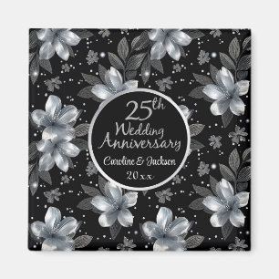 Íman Aniversário de Casamento Floral do 25 Silver Glitt
