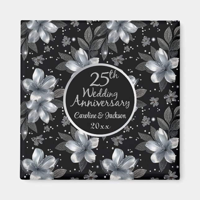 Íman Aniversário de Casamento Floral do 25 Silver Glitt (Frente)