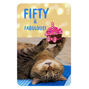 Íman Aniversário do gatinho e do cupcake Fiftieth