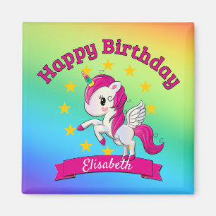 Íman Aniversário do Unicorn arco-íris personalizado c