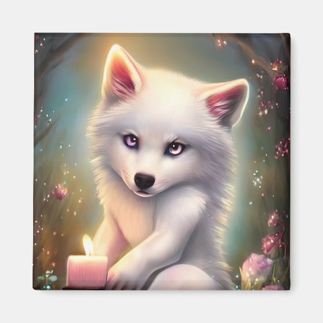 Íman Aniversário Vela Adorável Raposa Branca Adorável (Frente)