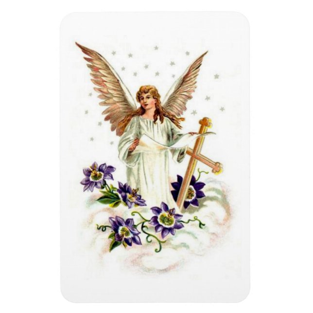 Íman Anjo Com Cruz E Flores De Clematite  (Vertical)