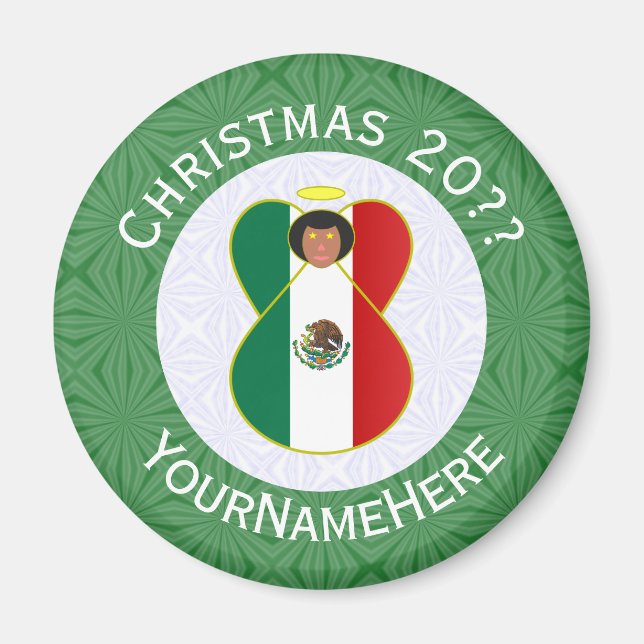 Íman Anjo de Natal da Bandeira Mexicana Personalizado (Frente)