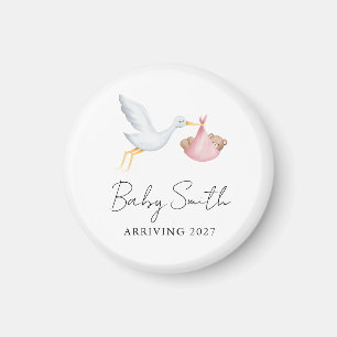 Íman Anúncio de Ano de Bebê Menina com Stork em Aquarel