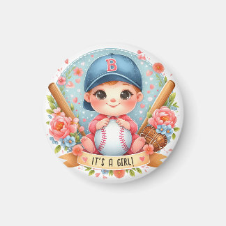Íman Anúncio de Bebê Menina Floral Baseball Bliss