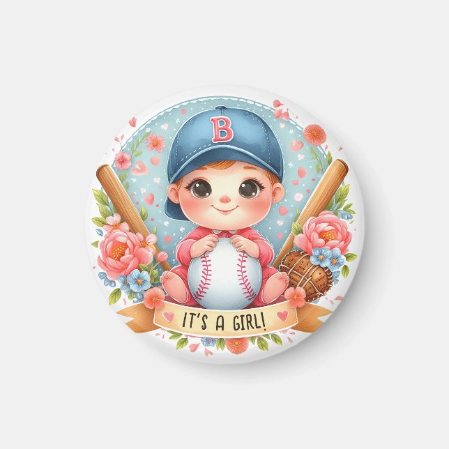 Íman Anúncio de Bebê Menina Floral Baseball Bliss (Frente)