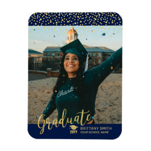 Íman Anúncio de Graduação em Foto Dourado e Azul Marinh