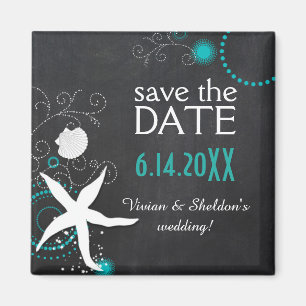 Íman Aqua White Chalkboard Beach Casamento Salve a Data
