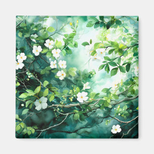 Íman Aquarela Botânica Flores Brancas Folhas Verdes