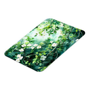 Íman Aquarela Botânica Flores Brancas Folhas Verdes