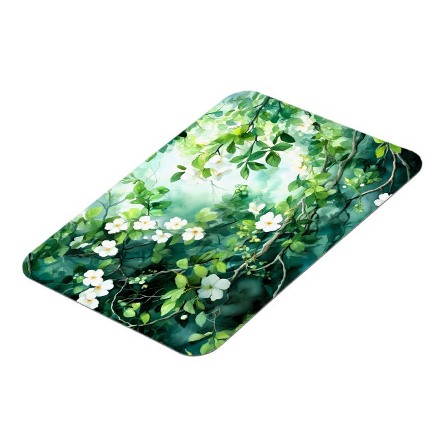 Íman Aquarela Botânica Flores Brancas Folhas Verdes (Left Side)