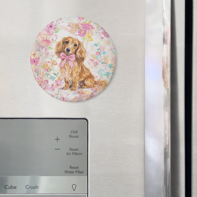 Íman Aquarela Dachshund de Cabelo Longo Floral Pastel (In Situ (Fridge))