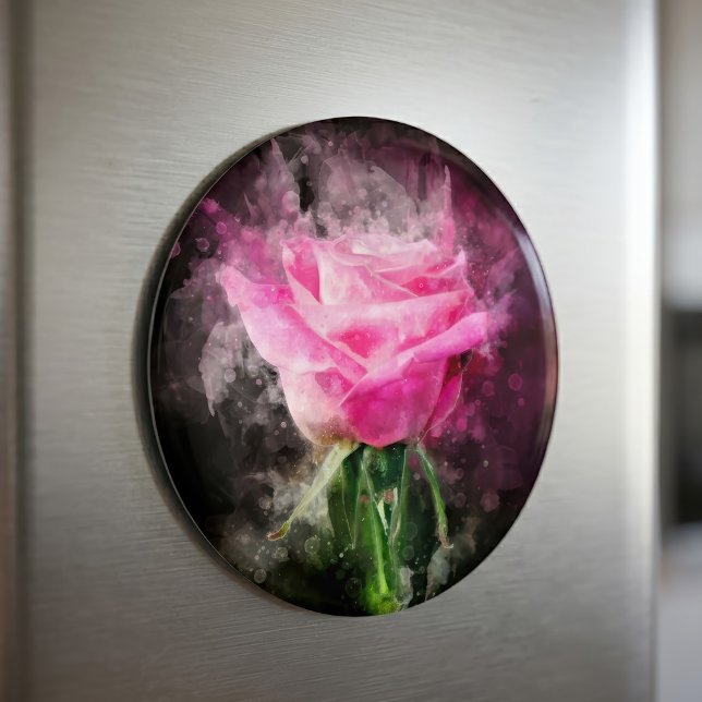 Íman Aquarela de Rosa Rosa em Fundo Preto (Pink Rose Watercolor on Black Background. Magnet )