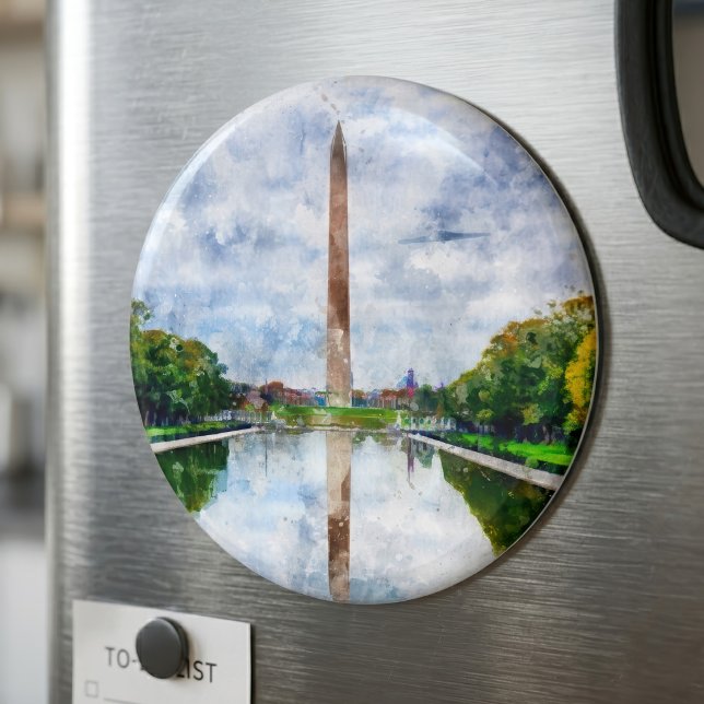 Íman Aquarela do Monumento a Washington com Reflexo (Washington Monument Watercolor with Reflection. Magnet )