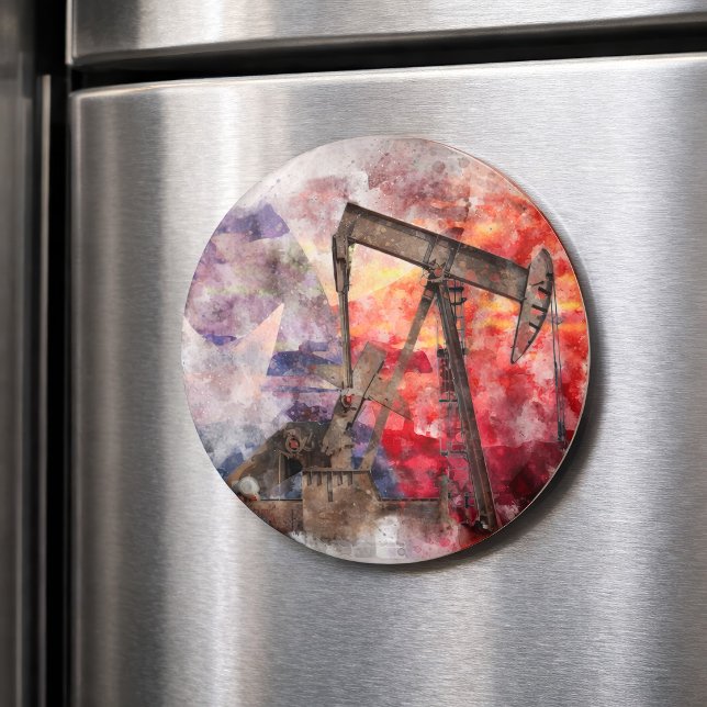 Íman Aquarela do Texas Pumpjack com Arte da Bandeira do (Texas Pumpjack Watercolor with Texas Flag Art. Magnet)