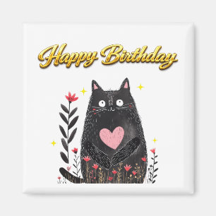 Íman Aquarela Floral Gato Preto Coração Rosa Aniversári