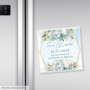 Íman Aquarela Peônias Azul Poeira Dourado Salve a Data