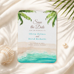 Íman Aquarela Praia e Folhas de Palmeira Salva a Data