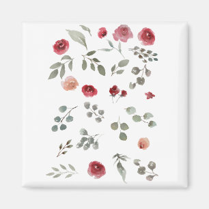 Íman Aquarela Rosas de Aquarela Folhas Verdes Folhas