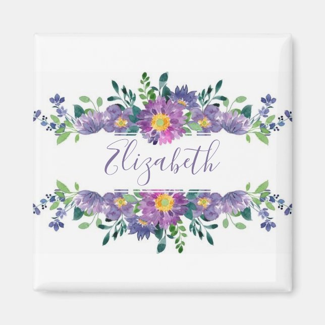 Íman Aquarela roxa floral personalizada (Frente)