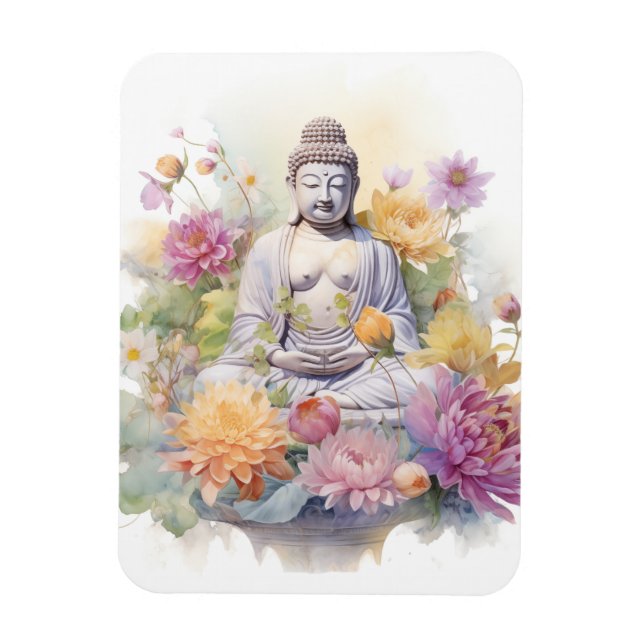 Íman Aquarela Serene Buddha Cor-de-rosa Flores Amarelas (Vertical)