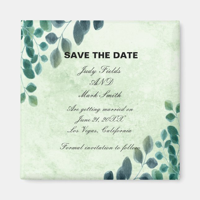 Íman Aquarela Verde Eucalyptus Deixe Salvar A Data (Frente)