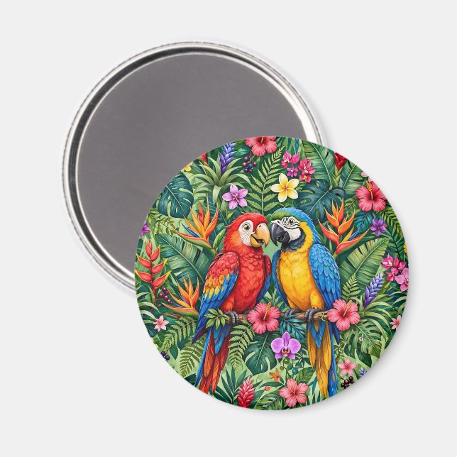 Íman Araras da Selva Papagaios Alegres Flores Vibrantes (Front/Back)