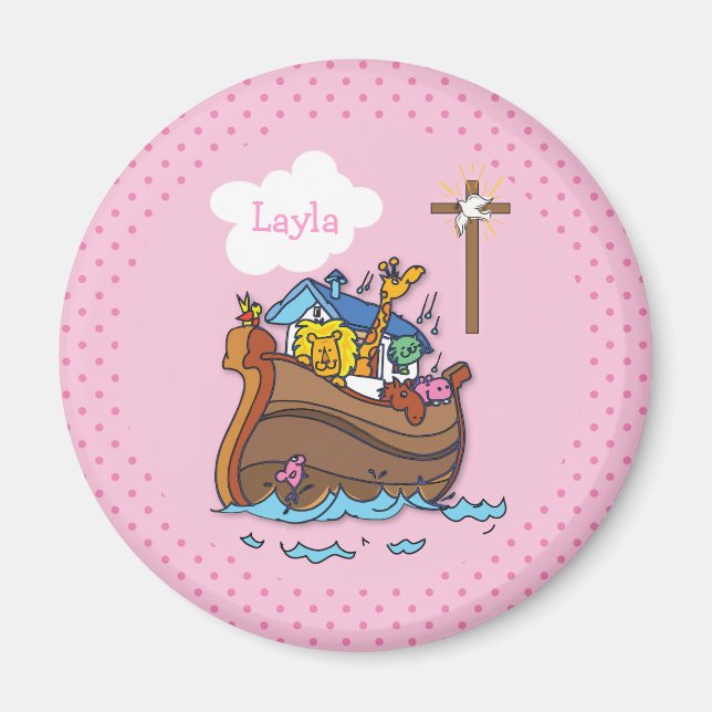 Íman Arca de Noé Personalizável Batismo de Bebê, Menina (Frente)