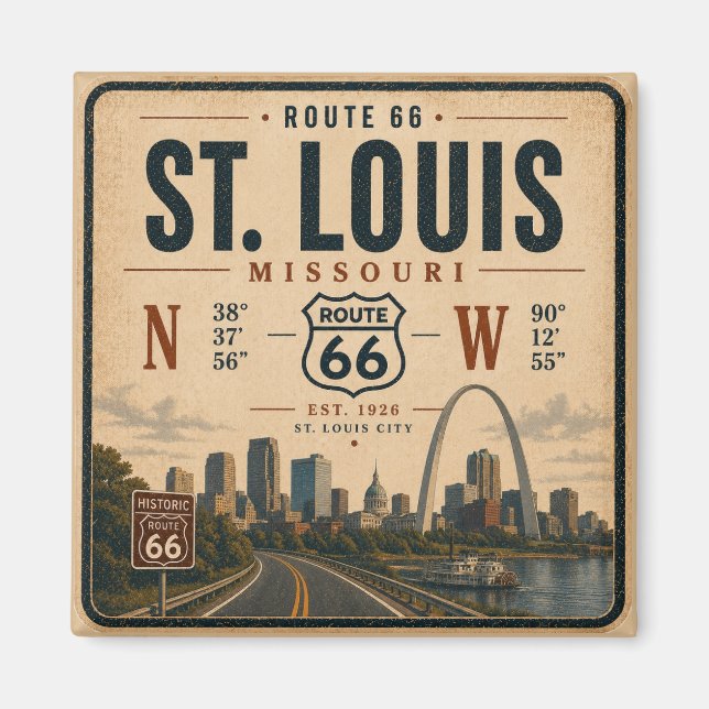 Íman Arco da Rota 66 de St Louis Coordenadas Lembrança (Frente)