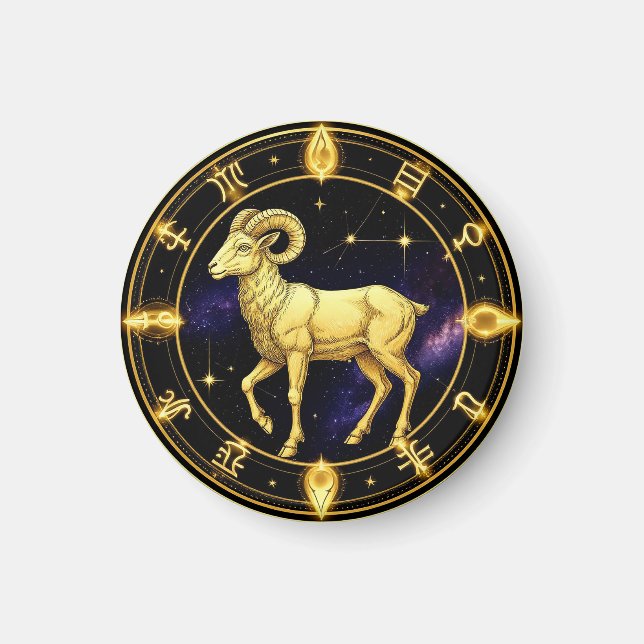 Íman Áries Dourado do Círculo Zodiacal Com Carneiro (Frente)