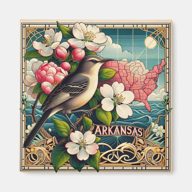 Íman Arkansas State Bird and Flower Art Deco Design (Frente)