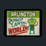Íman Arlington Texas Robot - Funny Vintage<br><div class="desc">Um encantador ímã de geladeira de viagens vintage Arlington Texas com um robô engraçado e amigável,  junto com um texto divertido no estilo retrô que diz,  "Até em Arlington"</div>