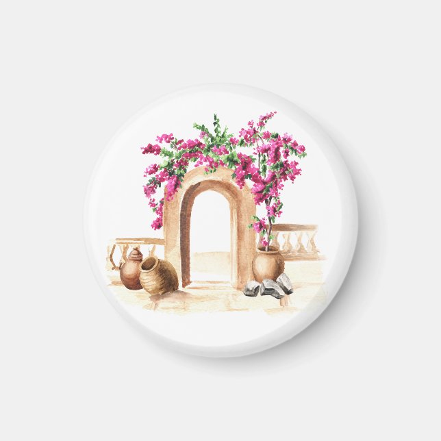 Íman Arquitetura mediterrânica, flores, aquarela, h (Frente)