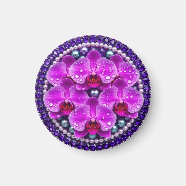 Íman Arranjo Floral de Orquídea Roxa Circular (Frente)
