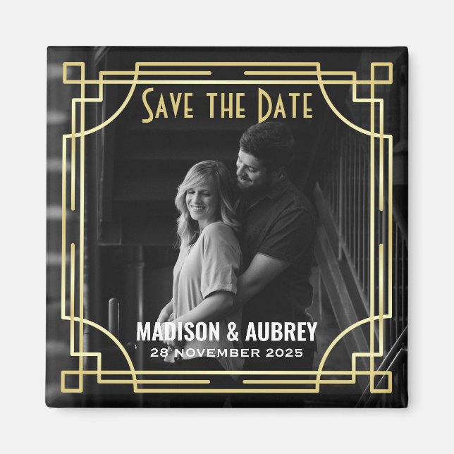 Íman Art Deco Add Your Photo Save the Date Dourado Gats (Frente)