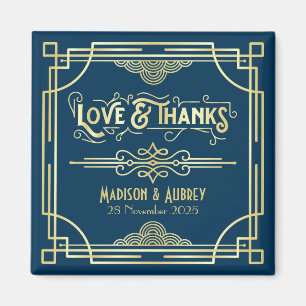 Íman Art Deco Casamento Amor e Obrigados Dourado Azul F